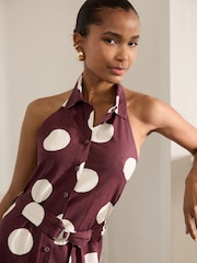 Burgundy/White Spot Halterneck Collar Midi Shirt Linen Blend Dress - Image 2 of 7