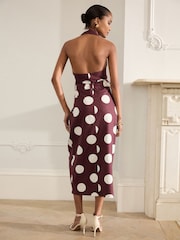 Burgundy/White Spot Halterneck Collar Midi Shirt Linen Blend Dress - Image 3 of 7