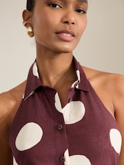 Burgundy/White Spot Halterneck Collar Midi Shirt Linen Blend Dress - Image 4 of 7