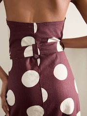 Burgundy/White Spot Halterneck Collar Midi Shirt Linen Blend Dress - Image 5 of 7