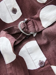 Burgundy/White Spot Halterneck Collar Midi Shirt Linen Blend Dress - Image 6 of 7