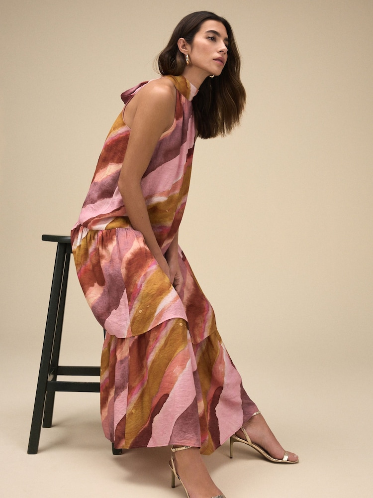 Pastel Pink And Orange Blurred Stripe Halter Tie Neck Layered Maxi Dress - Image 2 of 7 Pastel Pink And Orange Blurred Stripe Halter Tie Neck Layered Maxi Dress - Image 2 of 7