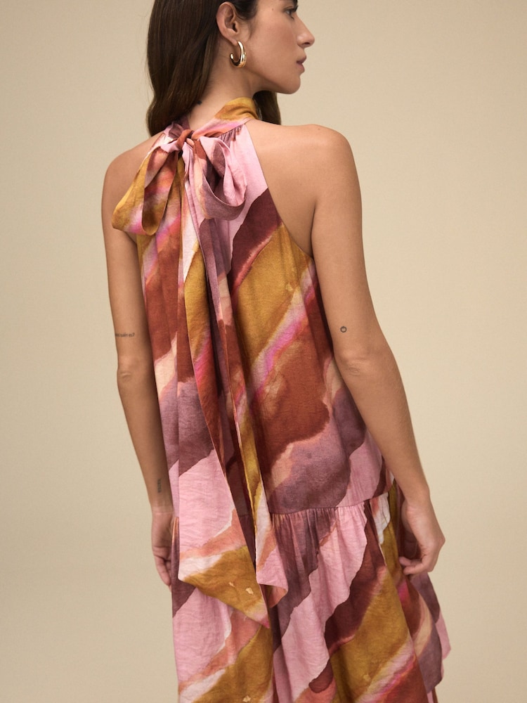 Rose pastel et Orange Rayure flou - Robe longue Licol Cravate à col superposé - Image 3 of 7