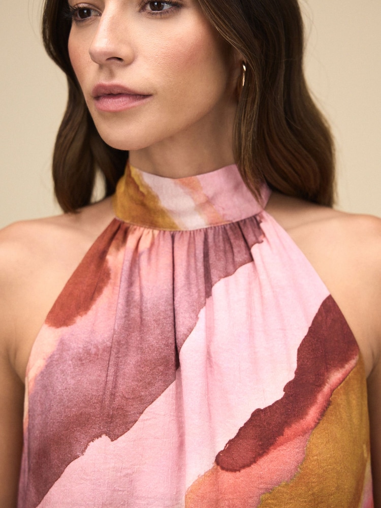 Rose pastel et Orange Rayure flou - Robe longue Licol Cravate à col superposé - Image 4 of 7