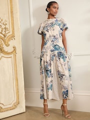 Blue/ White Floral and Blue Spot Short Sleeve Crew Neck Spliced Midi Dress - Image 1 of 9