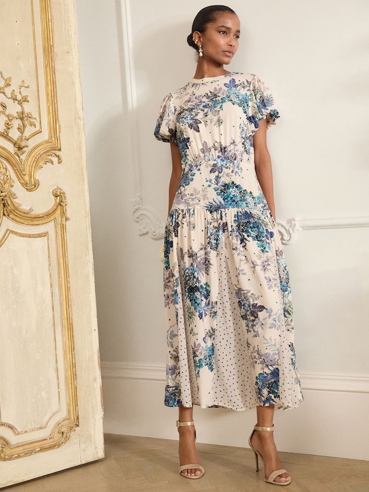 Blue/ White Floral and Blue Spot Short Sleeve Crew Neck Spliced Midi Dress - Image 1 of 9