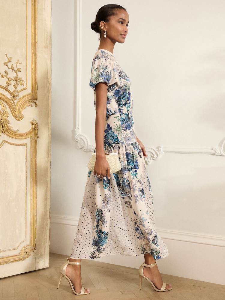 Blue/ White Floral and Blue Spot Short Sleeve Crew Neck Spliced Midi Dress - Image 3 of 9