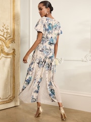 Blue/ White Floral and Blue Spot Short Sleeve Crew Neck Spliced Midi Dress - Image 4 of 9