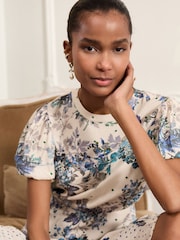 Blue/ White Floral and Blue Spot Short Sleeve Crew Neck Spliced Midi Dress - Image 5 of 9