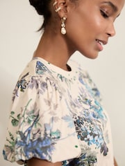 Blue/ White Floral and Blue Spot Short Sleeve Crew Neck Spliced Midi Dress - Image 6 of 9