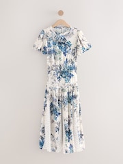 Blue/ White Floral and Blue Spot Short Sleeve Crew Neck Spliced Midi Dress - Image 7 of 9
