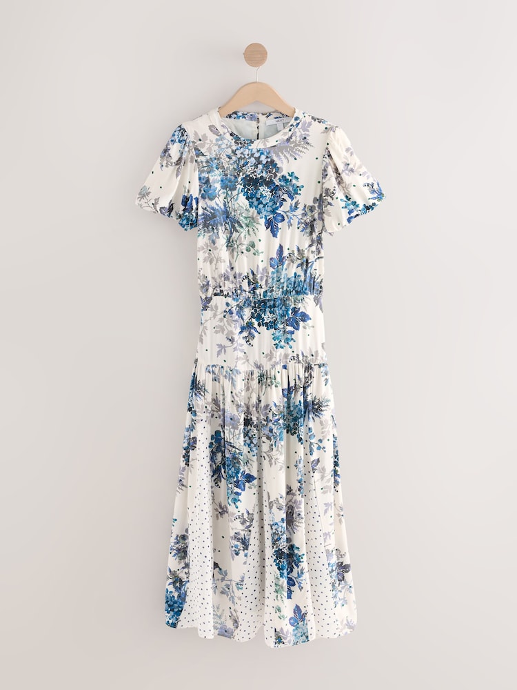 Blue/ White Floral and Blue Spot Short Sleeve Crew Neck Spliced Midi Dress - Image 7 of 9