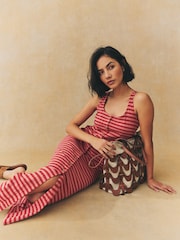 Pink/Red Stripe Square Neck Button Down Rib Column Midi Dress - Image 1 of 7