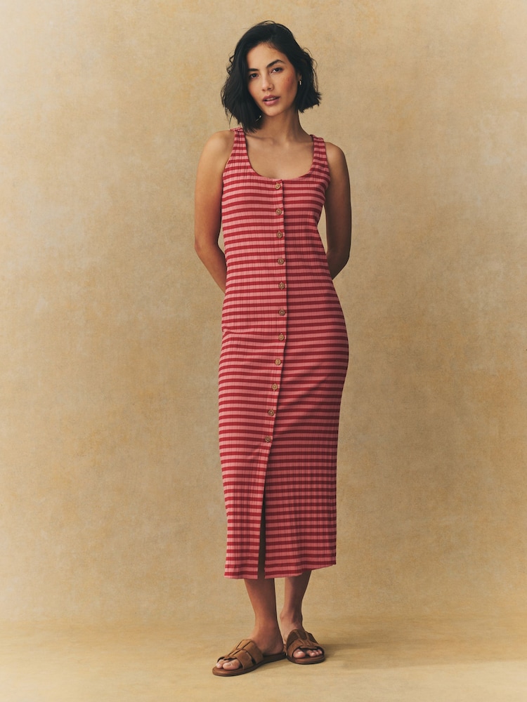 Pink/Red Stripe Square Neck Button Down Rib Column Midi Dress - Image 2 of 7