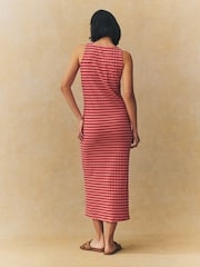 Pink/Red Stripe Square Neck Button Down Rib Column Midi Dress - Image 3 of 7