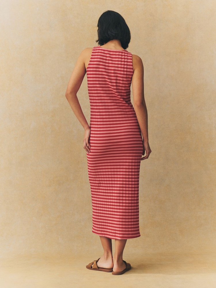 Pink/Red Stripe Square Neck Button Down Rib Column Midi Dress - Image 3 of 7