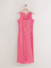 Pink/Red Stripe Square Neck Button Down Rib Column Midi Dress - Image 5 of 7