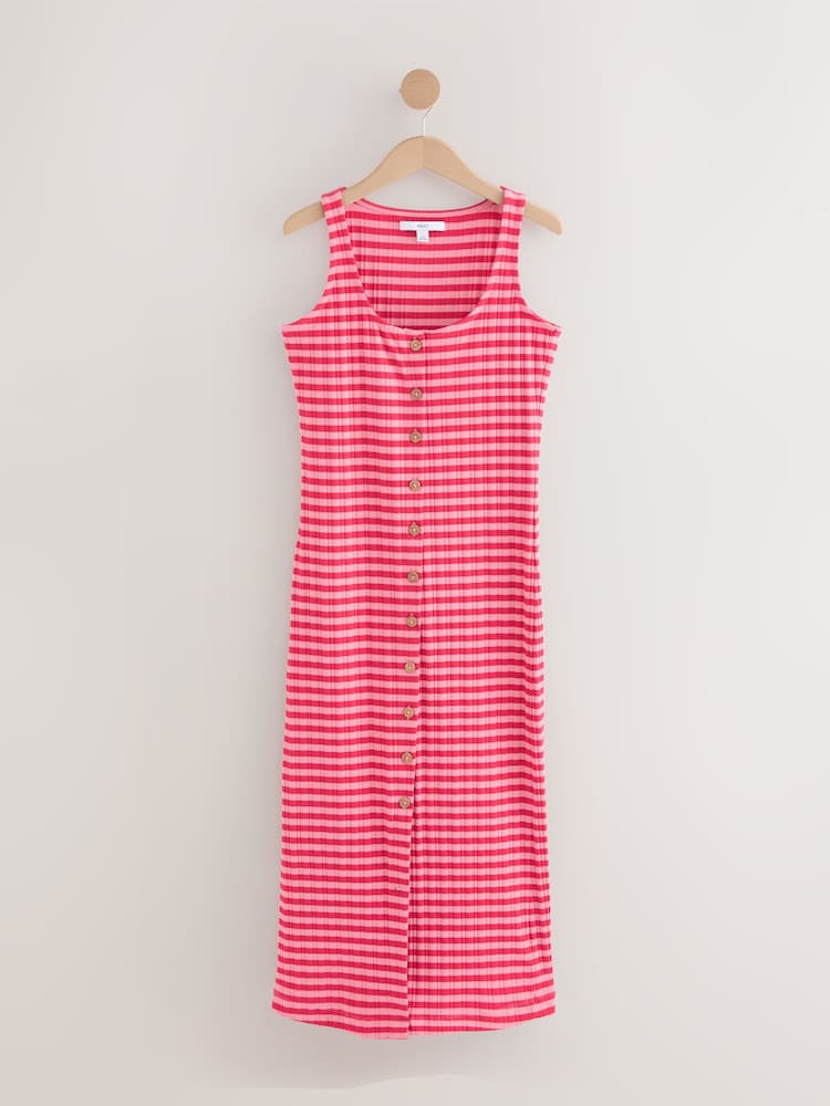 Pink/Red Stripe Square Neck Button Down Rib Column Midi Dress - Image 5 of 7