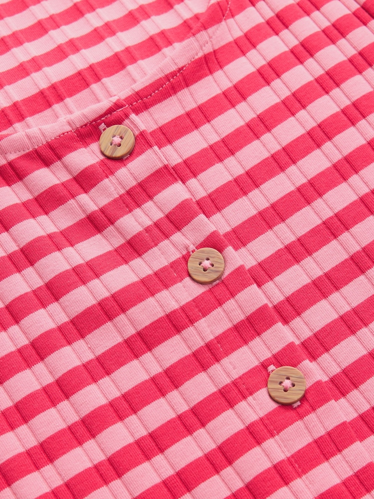 Pink/Red Stripe Square Neck Button Down Rib Column Midi Dress - Image 7 of 7