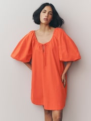 Bright Orange 100% Cotton Puff Sleeve Tie Front Mini Dress - Image 1 of 4