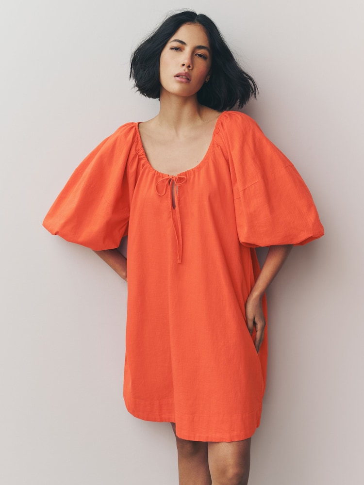 Bright Orange 100% Cotton Puff Sleeve Tie Front Mini Dress - Image 1 of 4