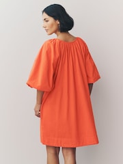 Bright Orange 100% Cotton Puff Sleeve Tie Front Mini Dress - Image 2 of 4