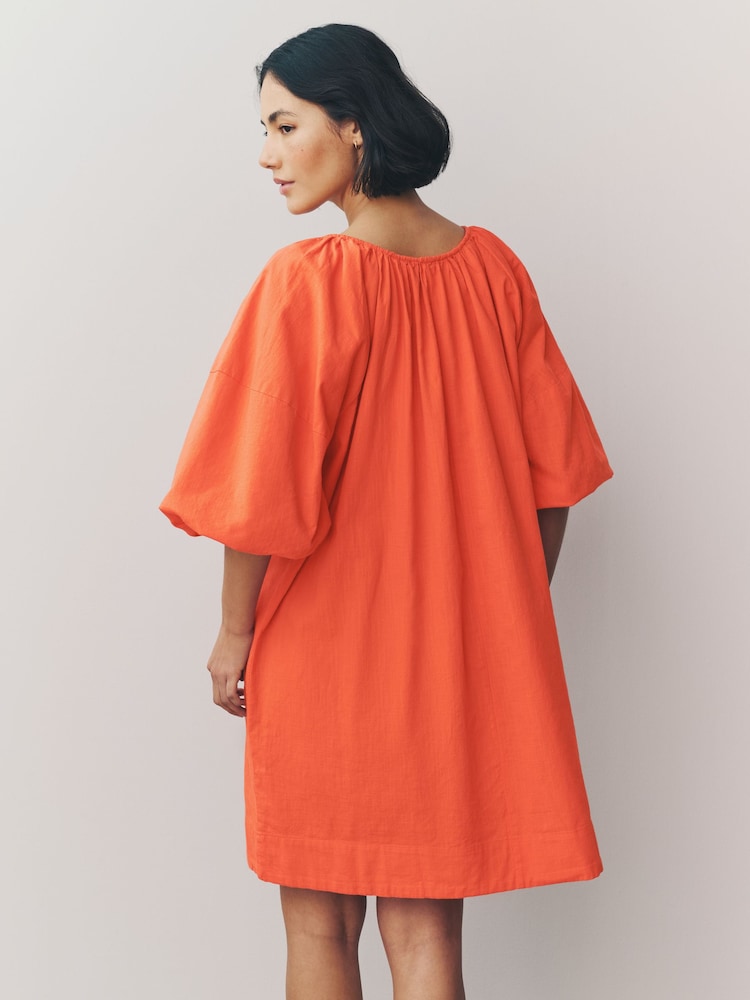 Bright Orange 100% Cotton Puff Sleeve Tie Front Mini Dress - Image 2 of 4