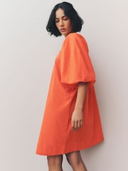 Bright Orange 100% Cotton Puff Sleeve Tie Front Mini Dress - Image 3 of 4