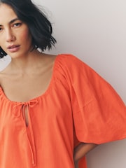 Bright Orange 100% Cotton Puff Sleeve Tie Front Mini Dress - Image 4 of 4