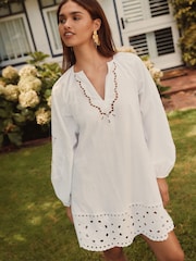 White Long Sleeve Broderie Summer Mini Dress - Image 1 of 5