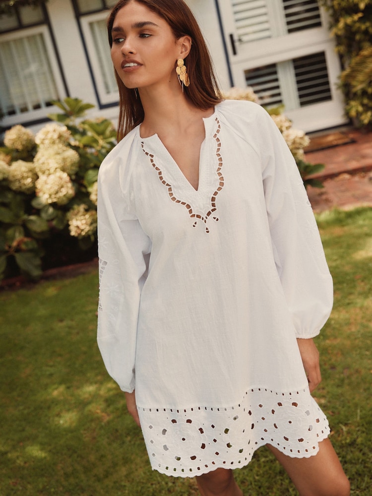 White Long Sleeve Broderie Summer Mini Dress - Image 1 of 5