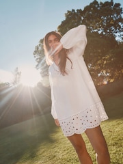 White Long Sleeve Broderie Summer Mini Dress - Image 2 of 5