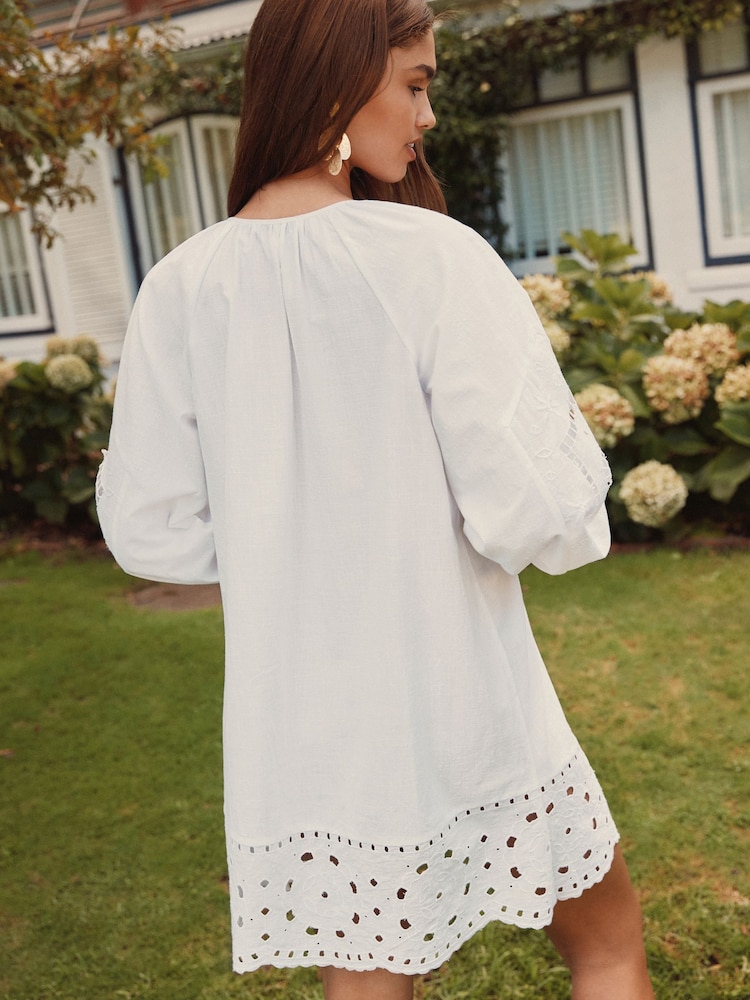White Long Sleeve Broderie Summer Mini Dress - Image 3 of 5