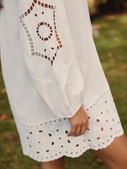 White Long Sleeve Broderie Summer Mini Dress - Image 4 of 5