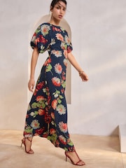 Navy Blue Floral Print Puff Sleeve Midi Dress - Image 1 of 10