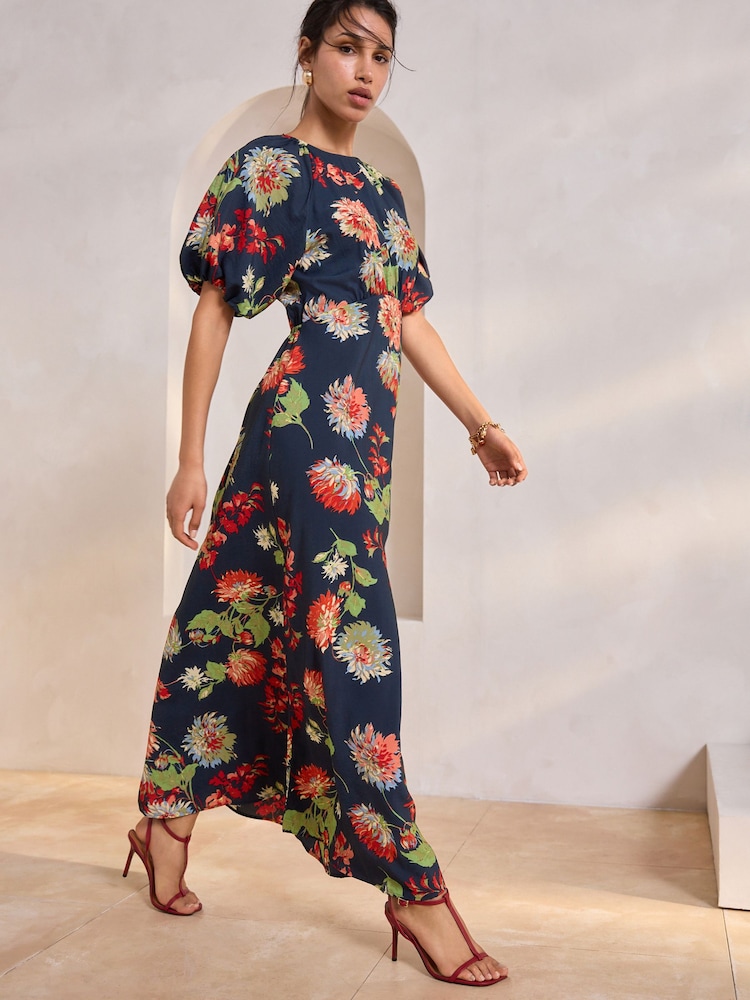 Navy Blue Floral Print Puff Sleeve Midi Dress - Image 1 of 10