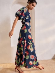 Navy Blue Floral Print Puff Sleeve Midi Dress - Image 2 of 10