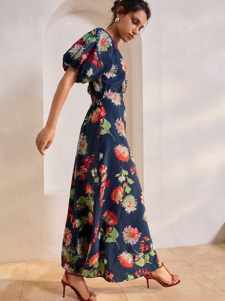 Navy Blue Floral Print Puff Sleeve Midi Dress - Image 2 of 10
