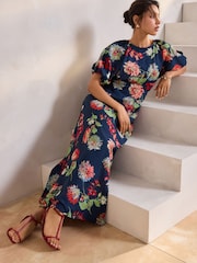Navy Blue Floral Print Puff Sleeve Midi Dress - Image 3 of 10