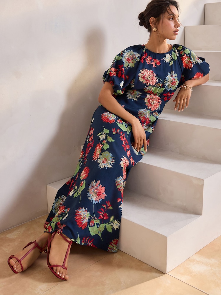 Navy Blue Floral Print Puff Sleeve Midi Dress - Image 3 of 10