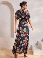 Navy Blue Floral Print Puff Sleeve Midi Dress - Image 4 of 10