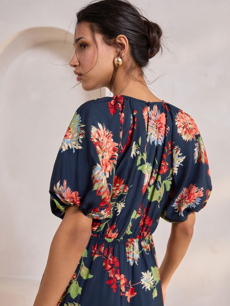 Navy Blue Floral Print Puff Sleeve Midi Dress - Image 5 of 10