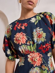 Navy Blue Floral Print Puff Sleeve Midi Dress - Image 6 of 10