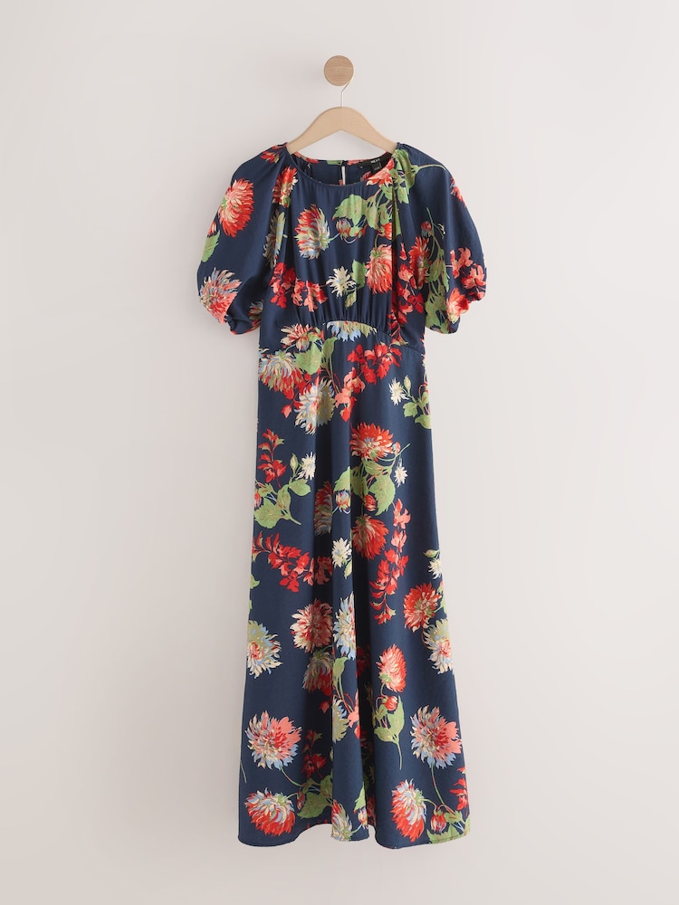 Navy Blue Floral Print Puff Sleeve Midi Dress - Image 7 of 10