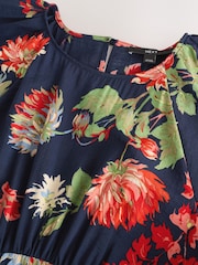 Navy Blue Floral Print Puff Sleeve Midi Dress - Image 8 of 10