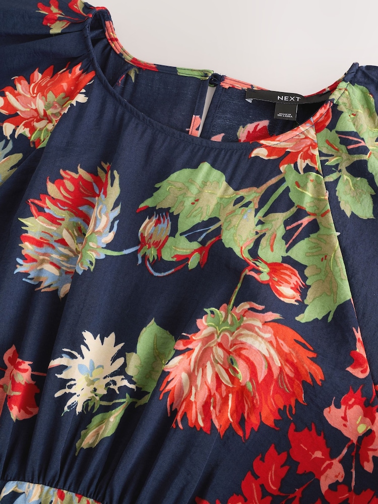 Navy Blue Floral Print Puff Sleeve Midi Dress - Image 8 of 10