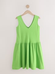 Lime Green 100% Cotton V-Neck Jersey Mini Summer Dress - Image 7 of 9