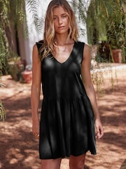 Black 100% Cotton V-Neck Jersey Mini Summer Dress - Image 1 of 6