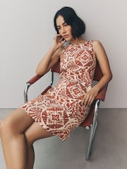 Rust Brown Paisly Print Linen Scoop Back Mini Shift Dress - Image 1 of 8