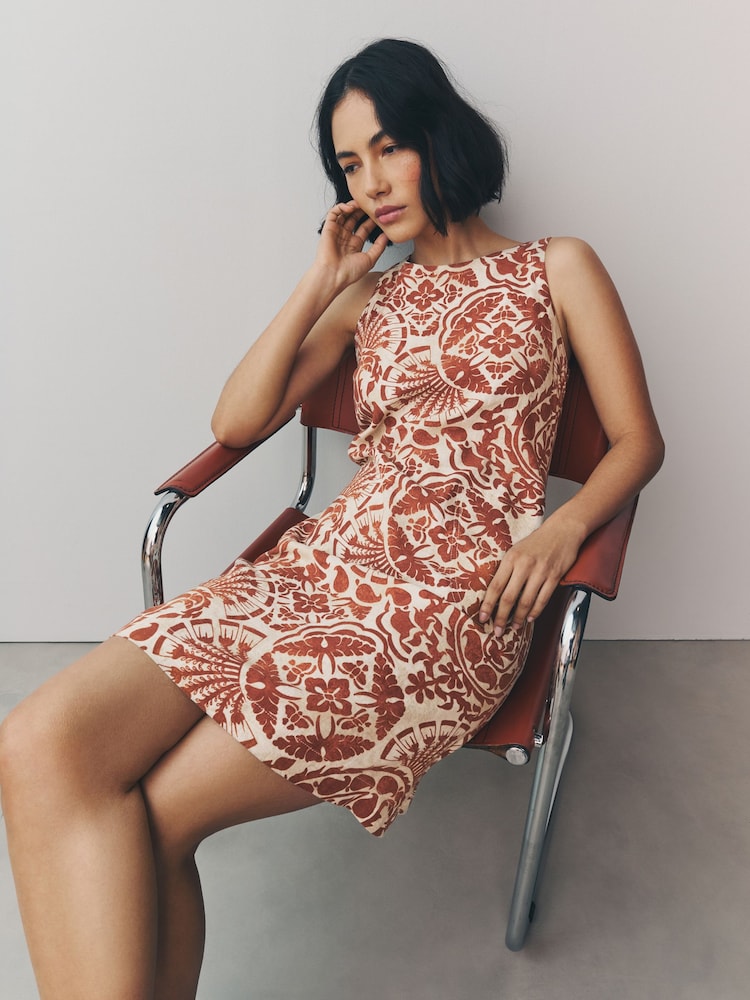 Rust Brown Paisly Print Linen Scoop Back Mini Shift Dress - Image 1 of 8